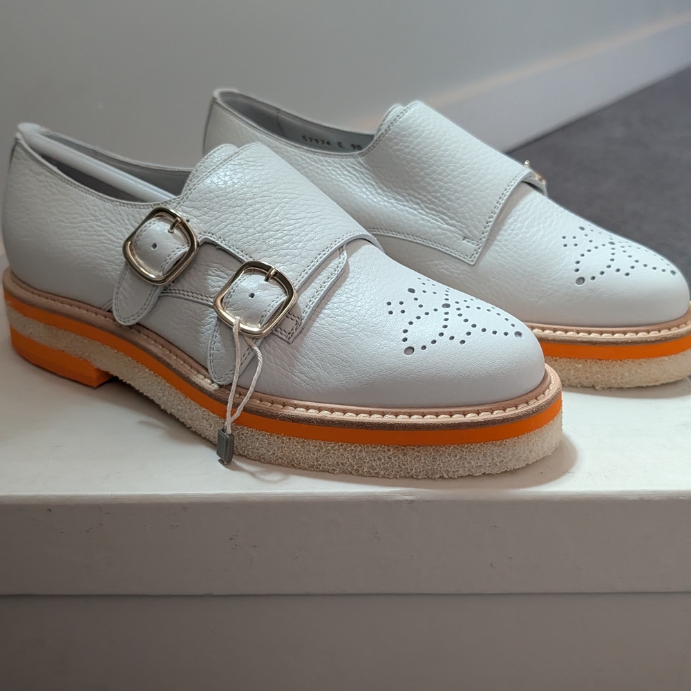Santoni White Leather Loafers with Orange Accents